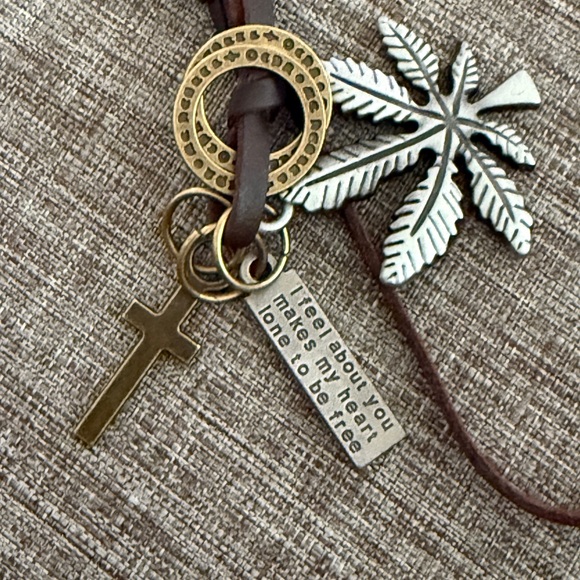 Long Necklace, Leather Silver & Brown Leaf Pendant Necklace, Handmade Jewelry - Picture 8 of 11